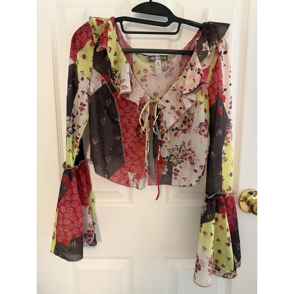 Whimsigoth Patchwork Y2K Womens Top M Bell Sleeve Sheer Ruffle Indie Boho Fairy
